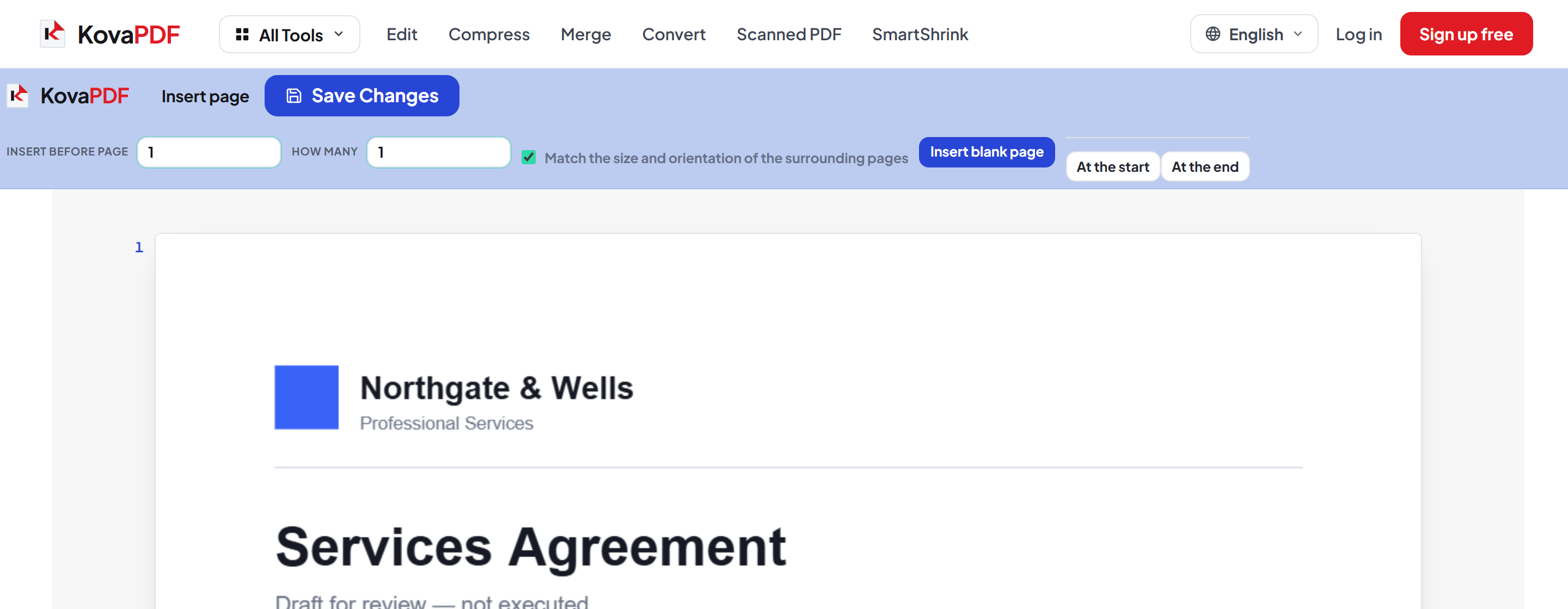 The Add Blank Page editor with the Save Changes button above the open document