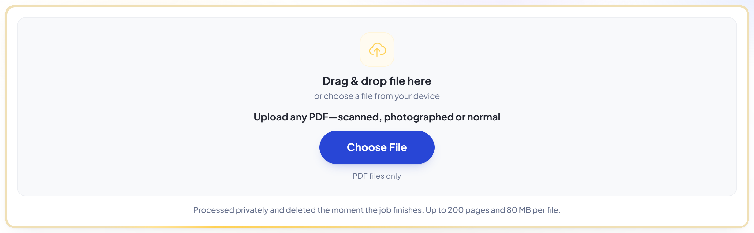 The OCR PDF tool upload panel