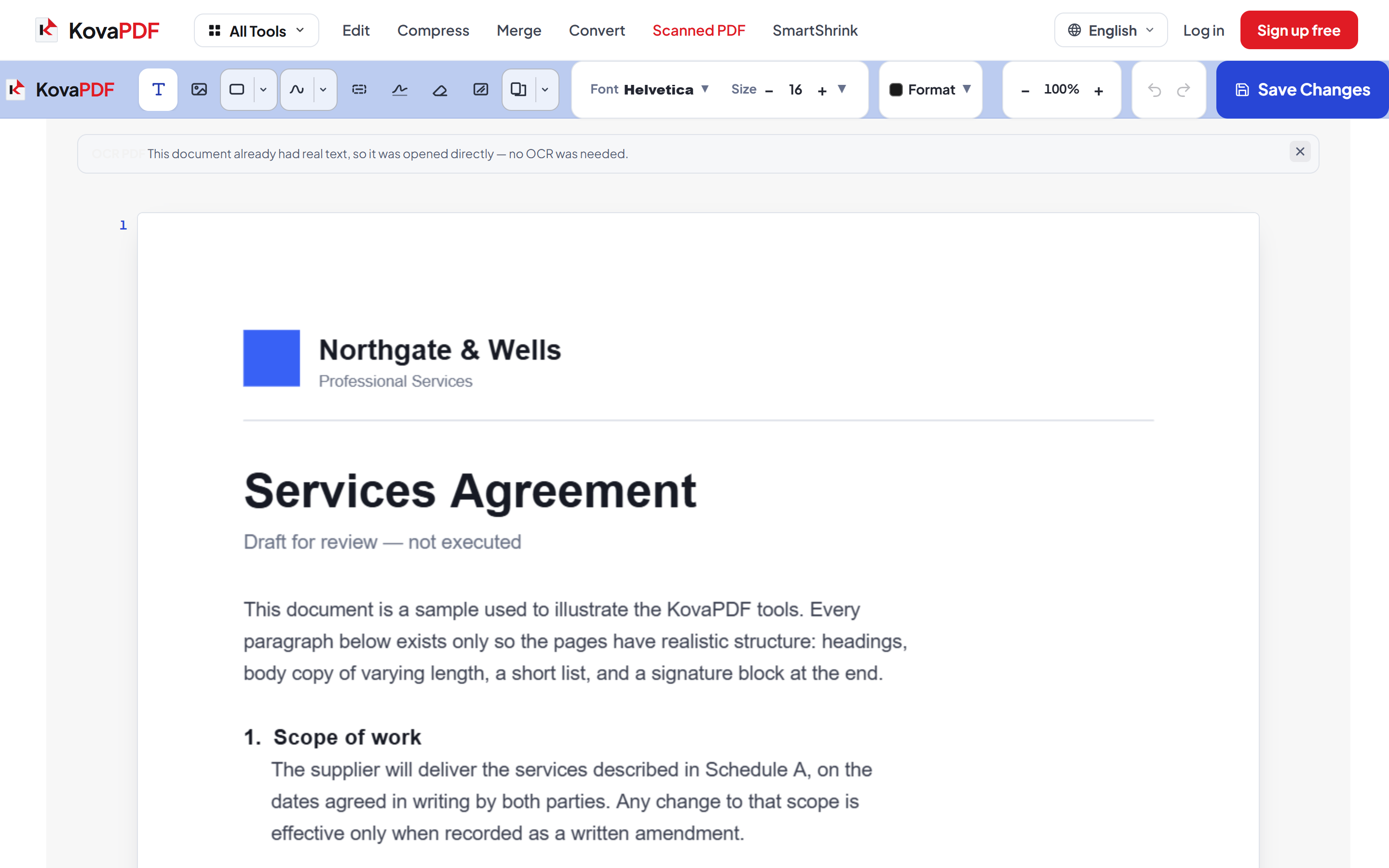 The OCR PDF tool with a document open and recognised text lines ready to edit