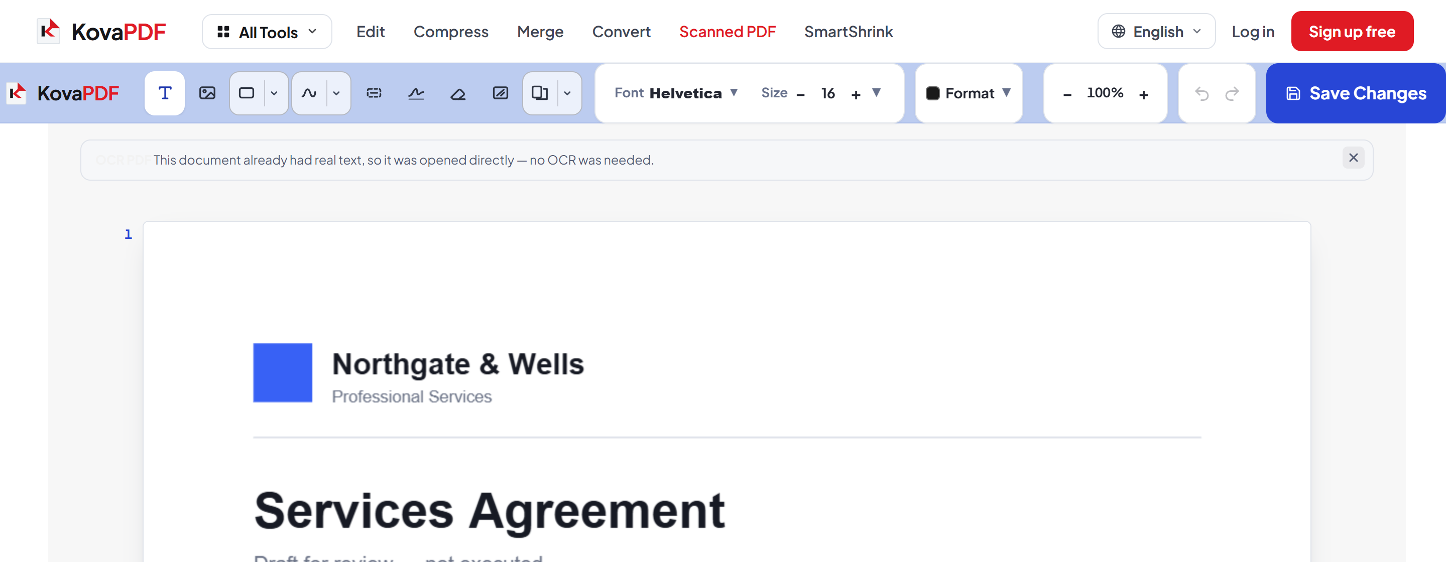 The OCR PDF editor with the Save Changes button above the recognised page