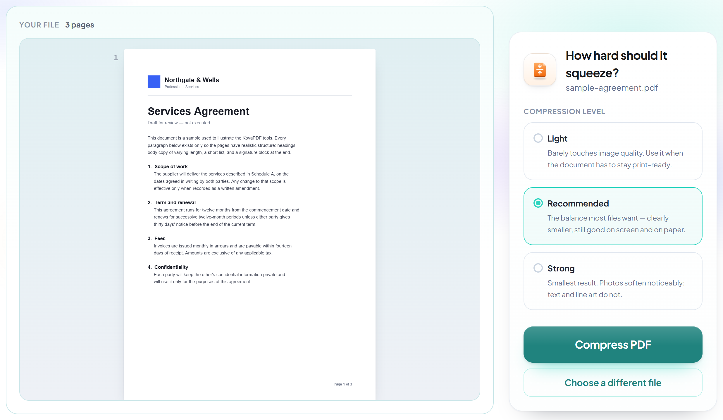 The Compress PDF screen with the file selected and ready to compress