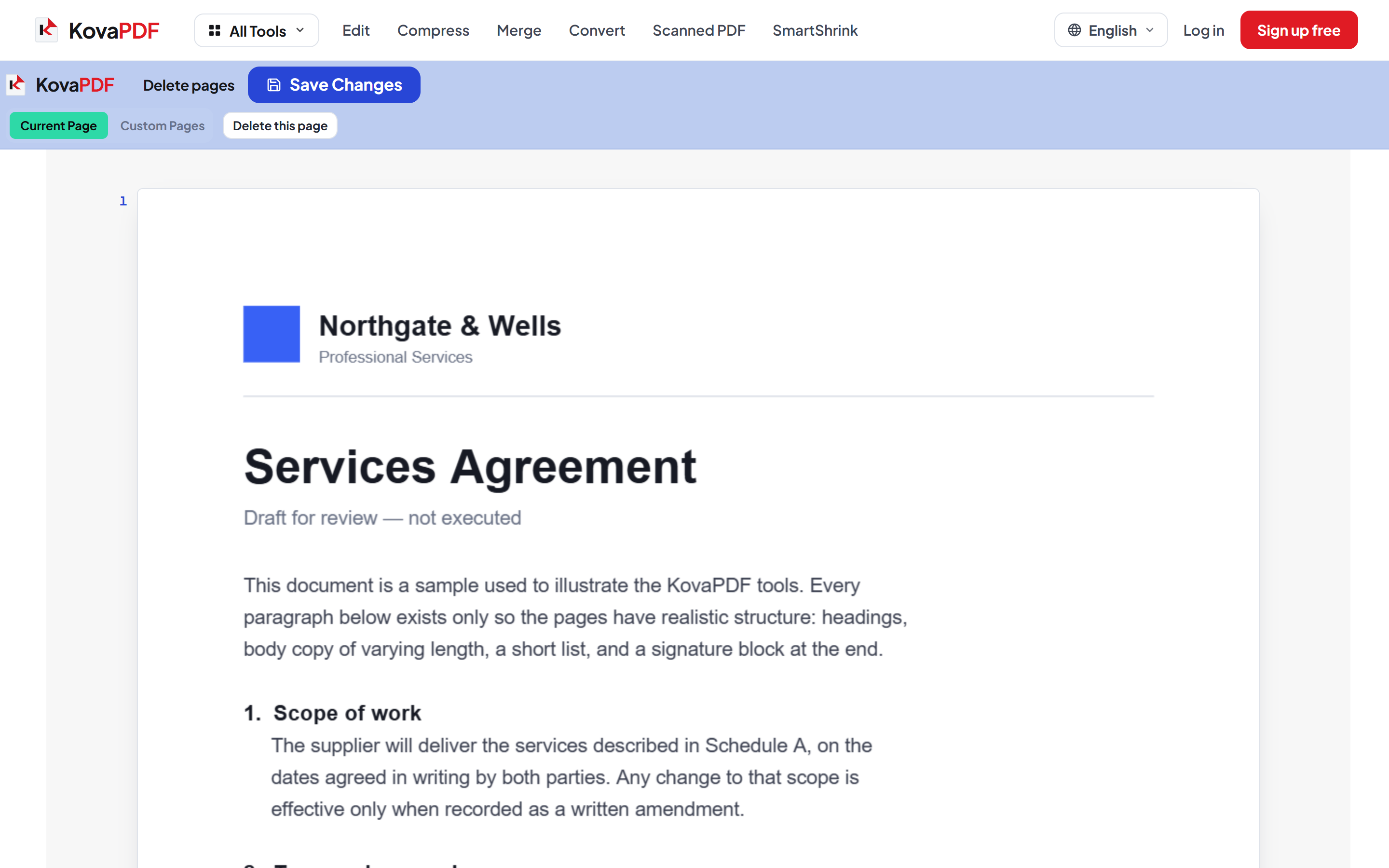 The Delete Pages panel with page thumbnails and a page-range field