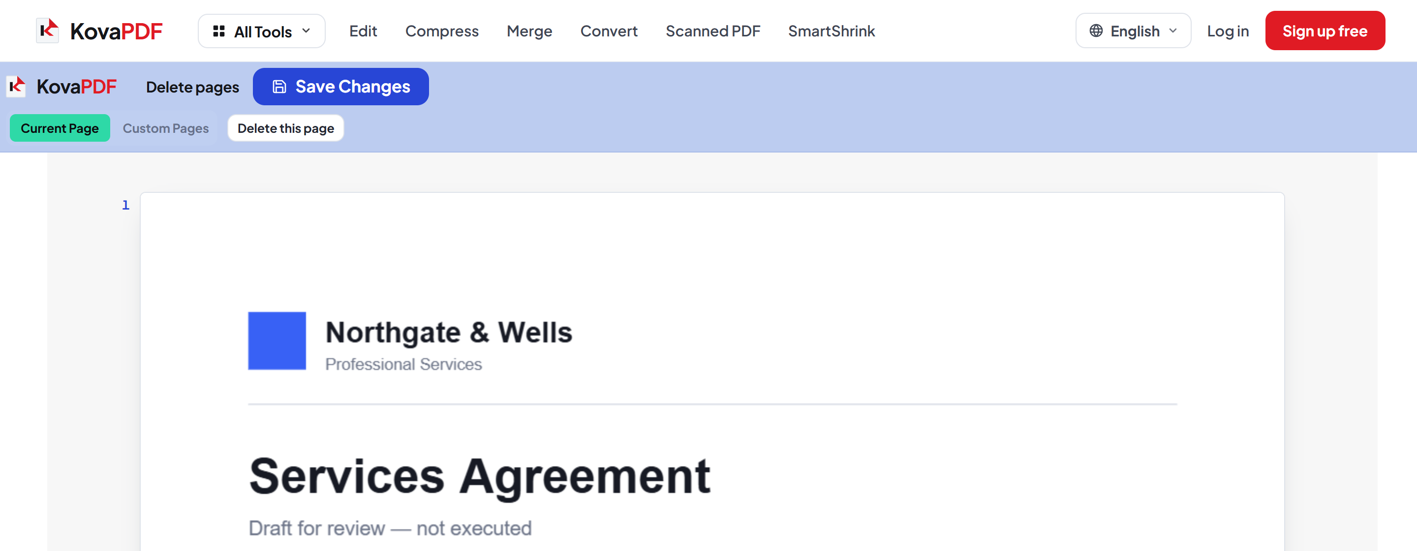 The Delete Pages editor with the Save Changes button above the open document