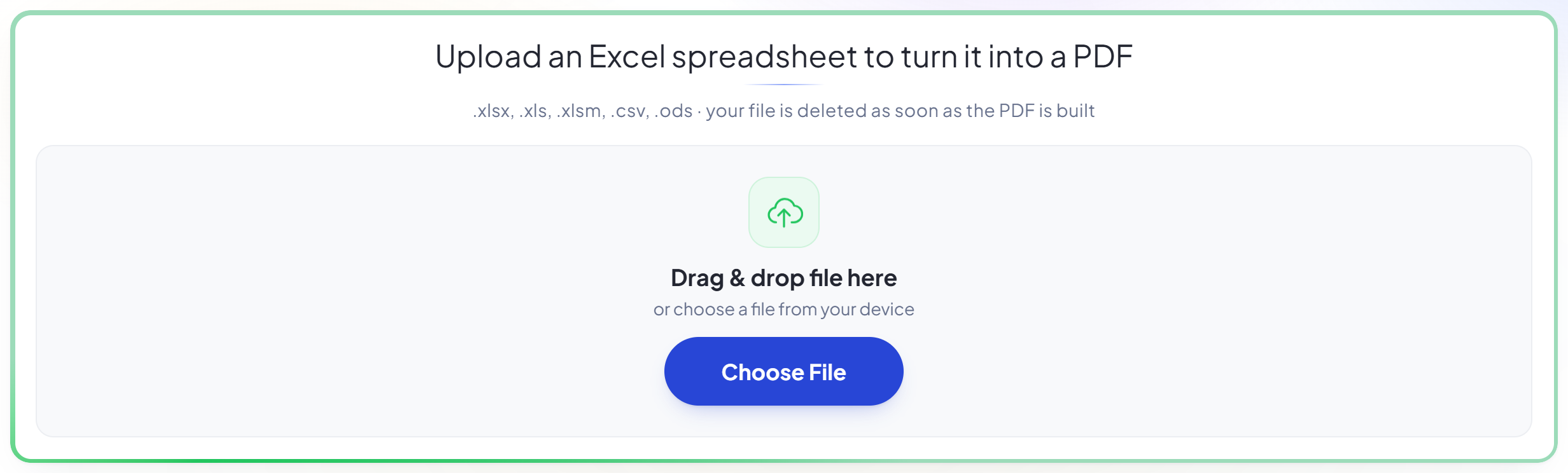 El panel de subida de Excel a PDF