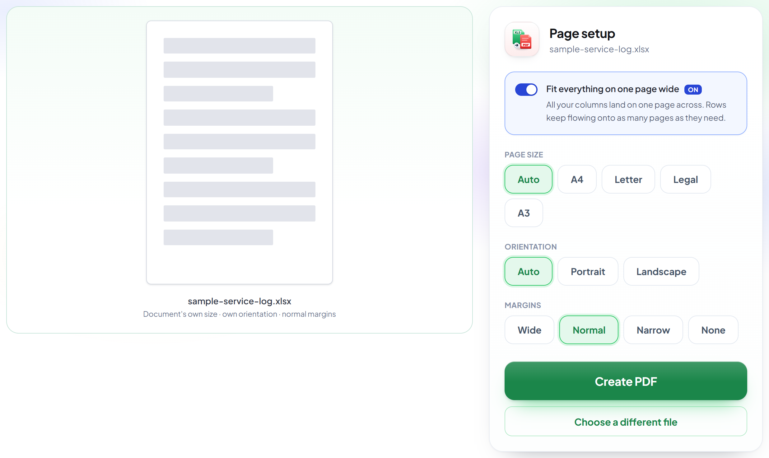 La pantalla de configuración de página de Excel a PDF con el ajuste a una página de ancho activado
