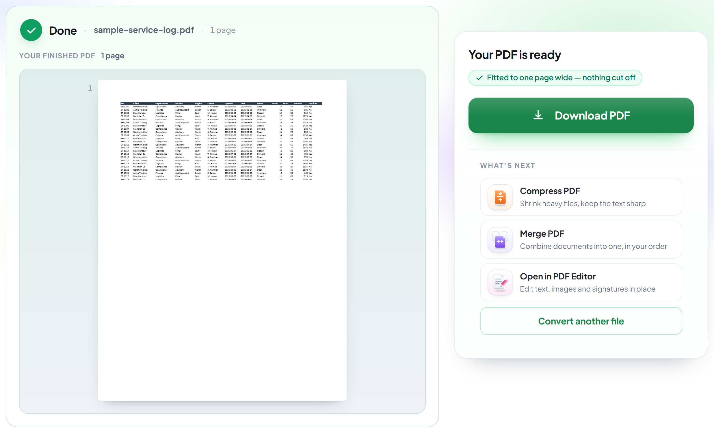 La pantalla de resultado de Excel a PDF con el PDF final listo para descargar