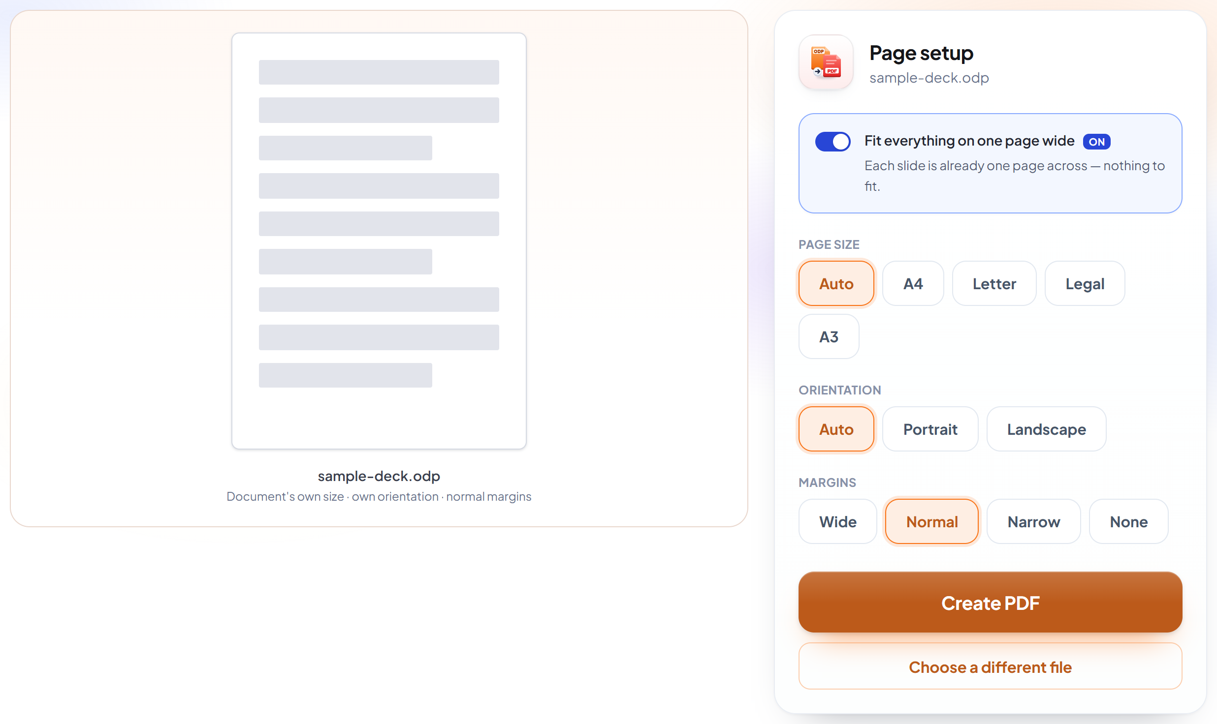The ODP to PDF page setup screen