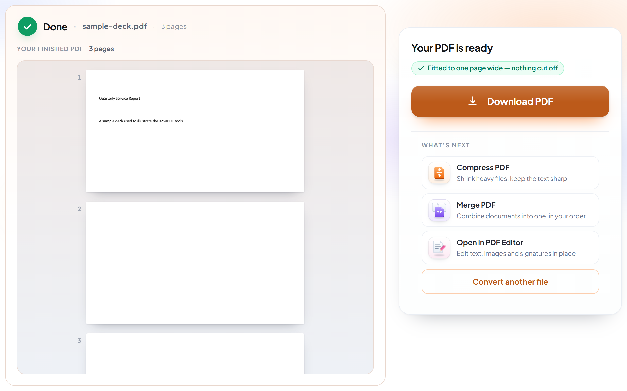 The ODP to PDF result screen with the finished PDF ready to download
