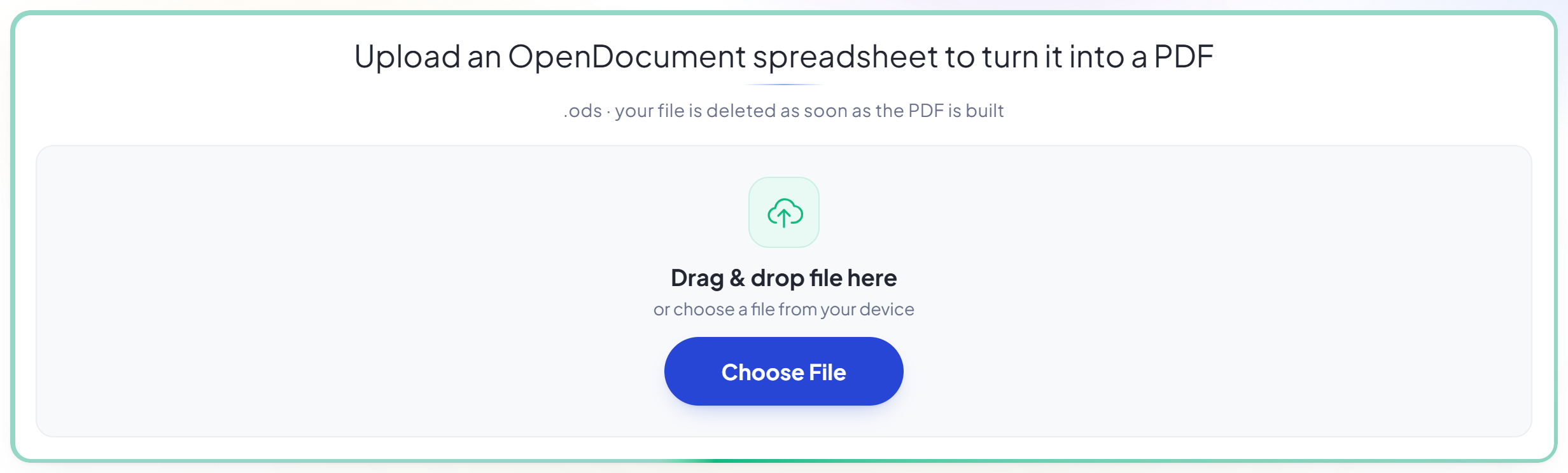 El panel de subida de ODS a PDF