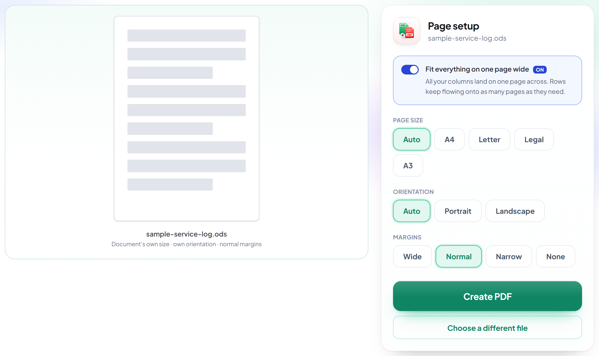 La pantalla de configuración de página de ODS a PDF con el ajuste a una página de ancho activado