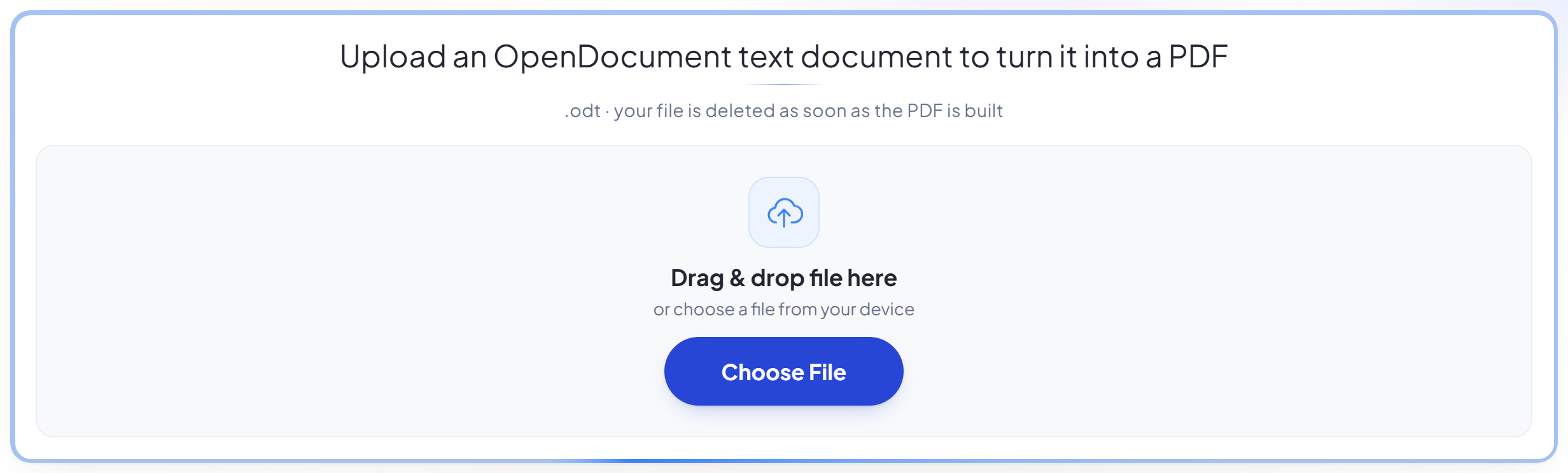El panel de subida de ODT a PDF