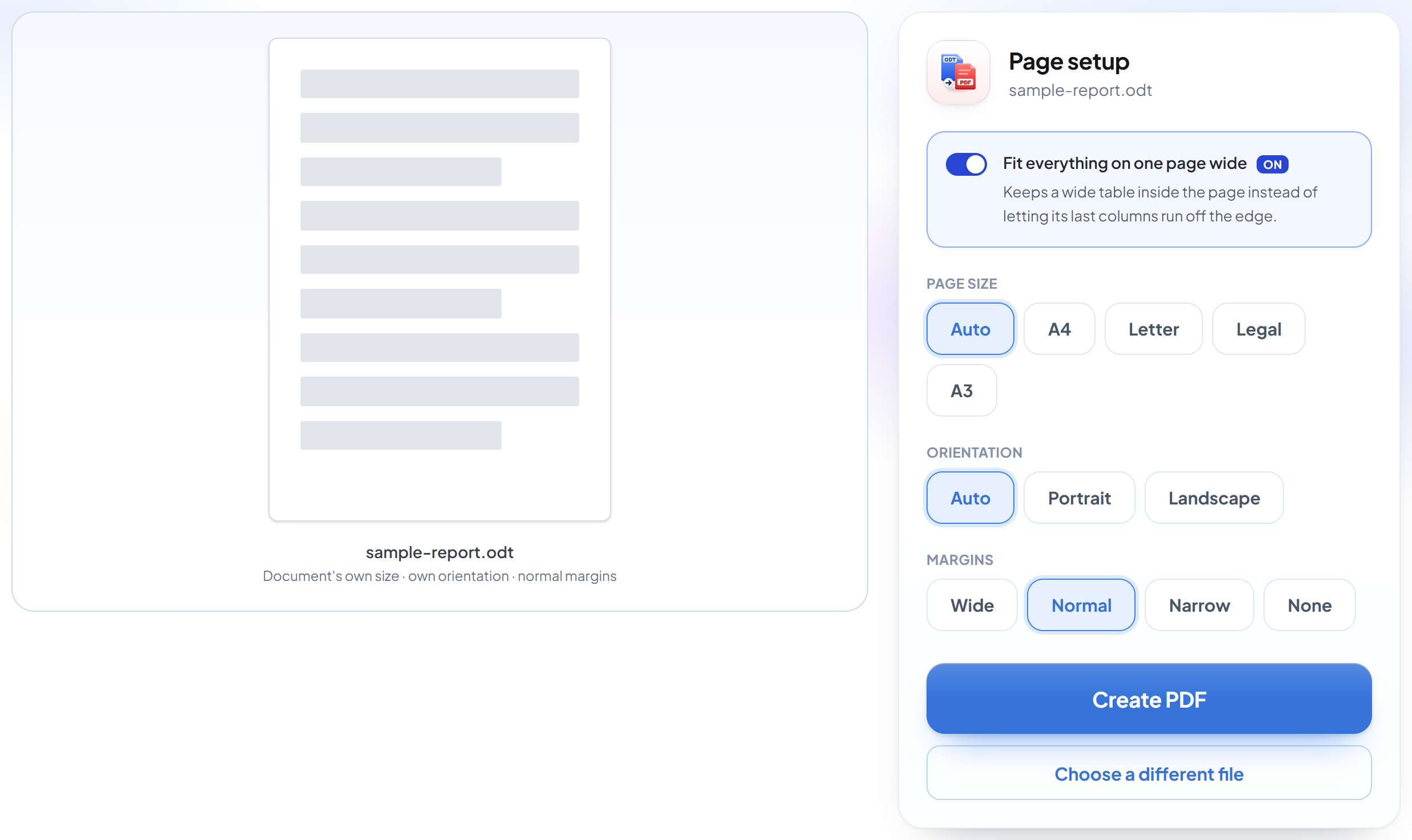 La pantalla de configuración de página de ODT a PDF