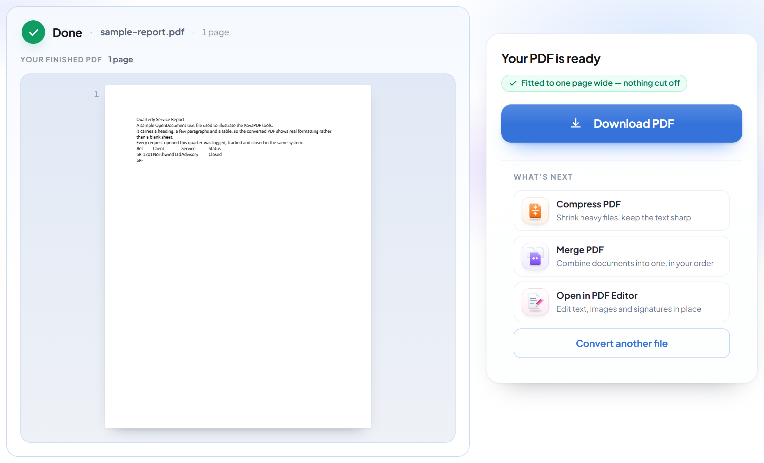 La pantalla de resultado de ODT a PDF con el PDF final listo para descargar