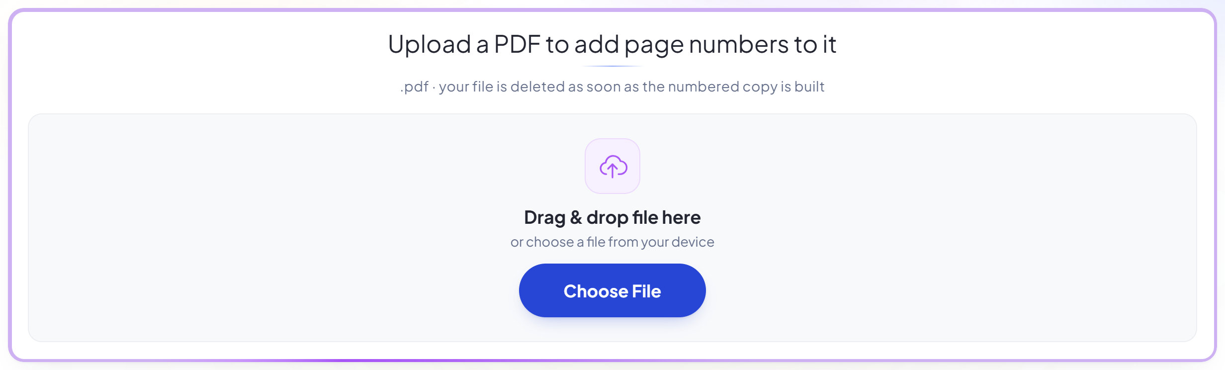 The Page Numbers upload panel