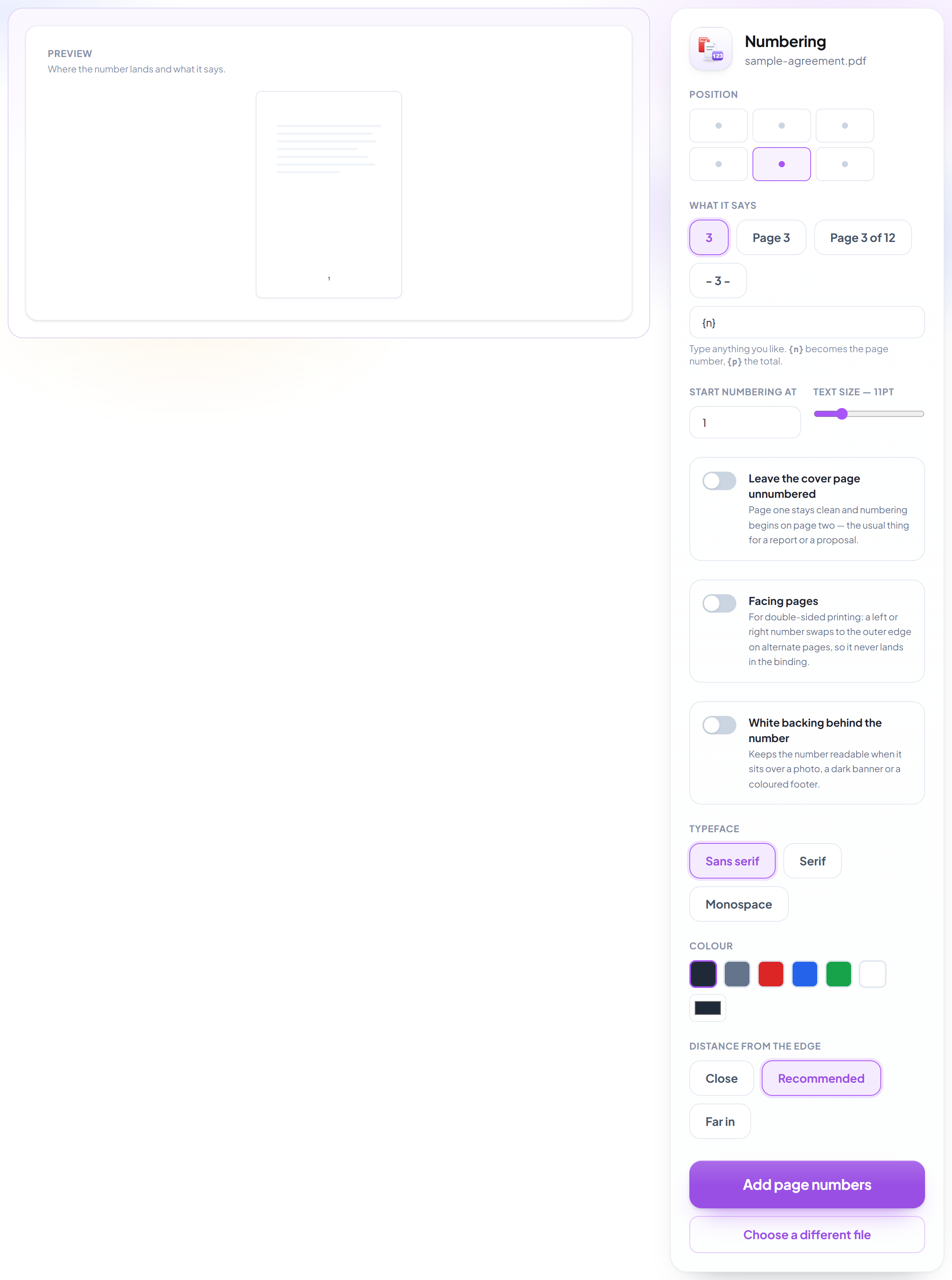 The Page Numbers screen with the live preview beside the position and format controls