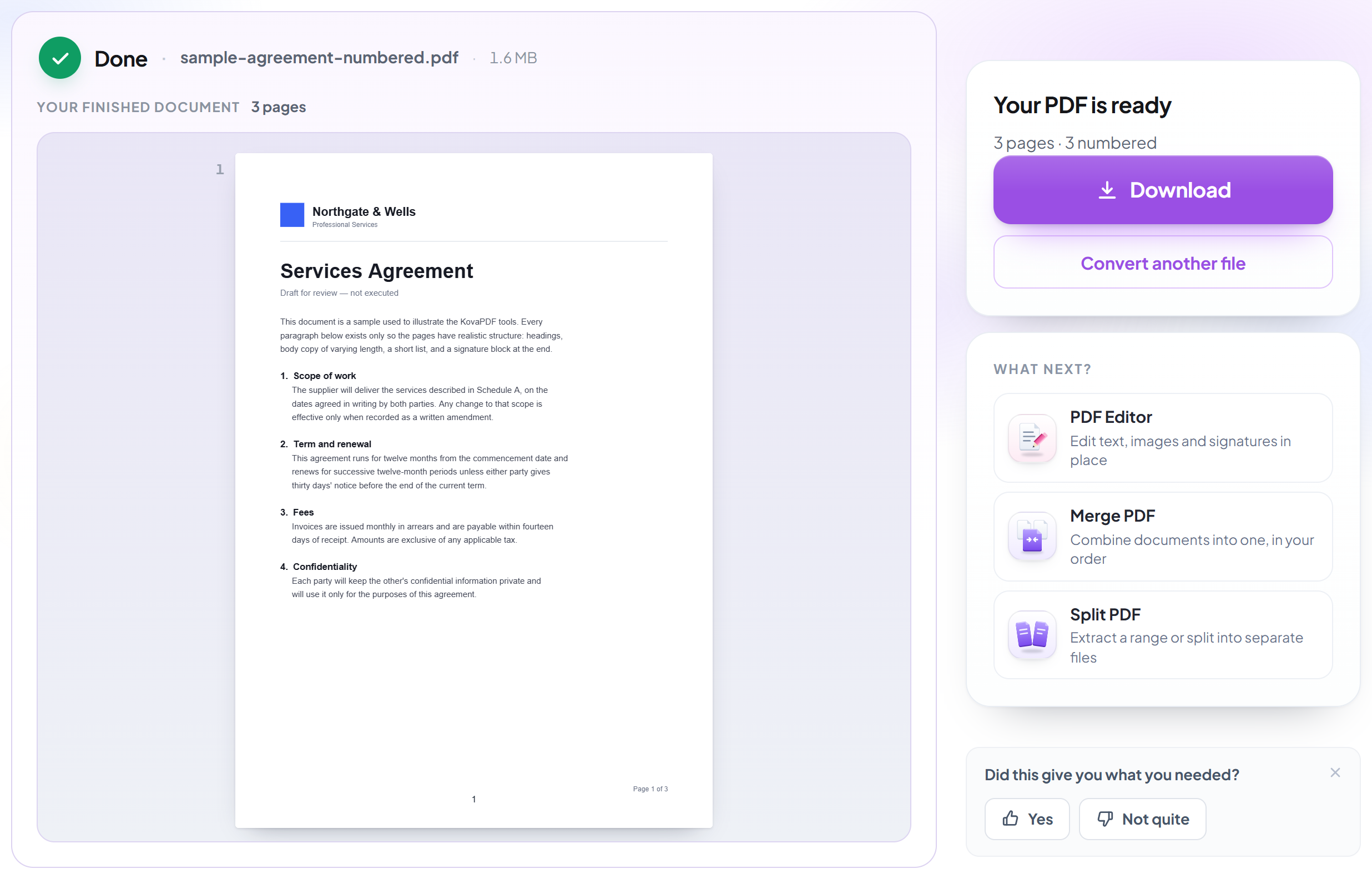 The Page Numbers result screen with the numbered PDF ready to download