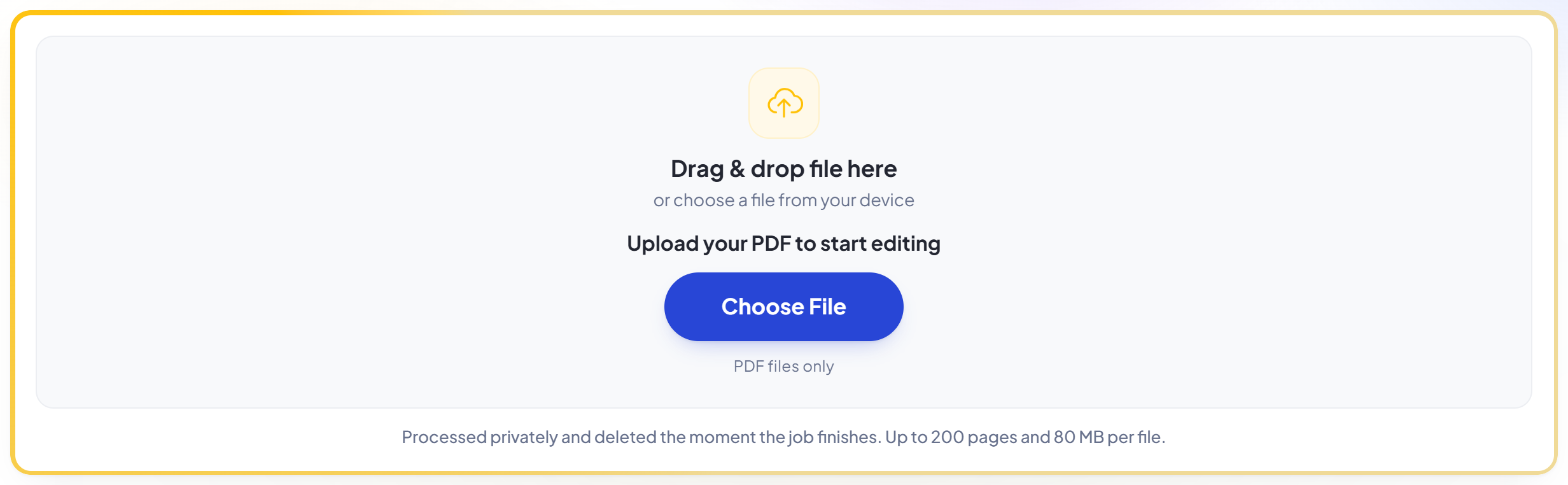 The KovaPDF upload panel for the PDF Editor