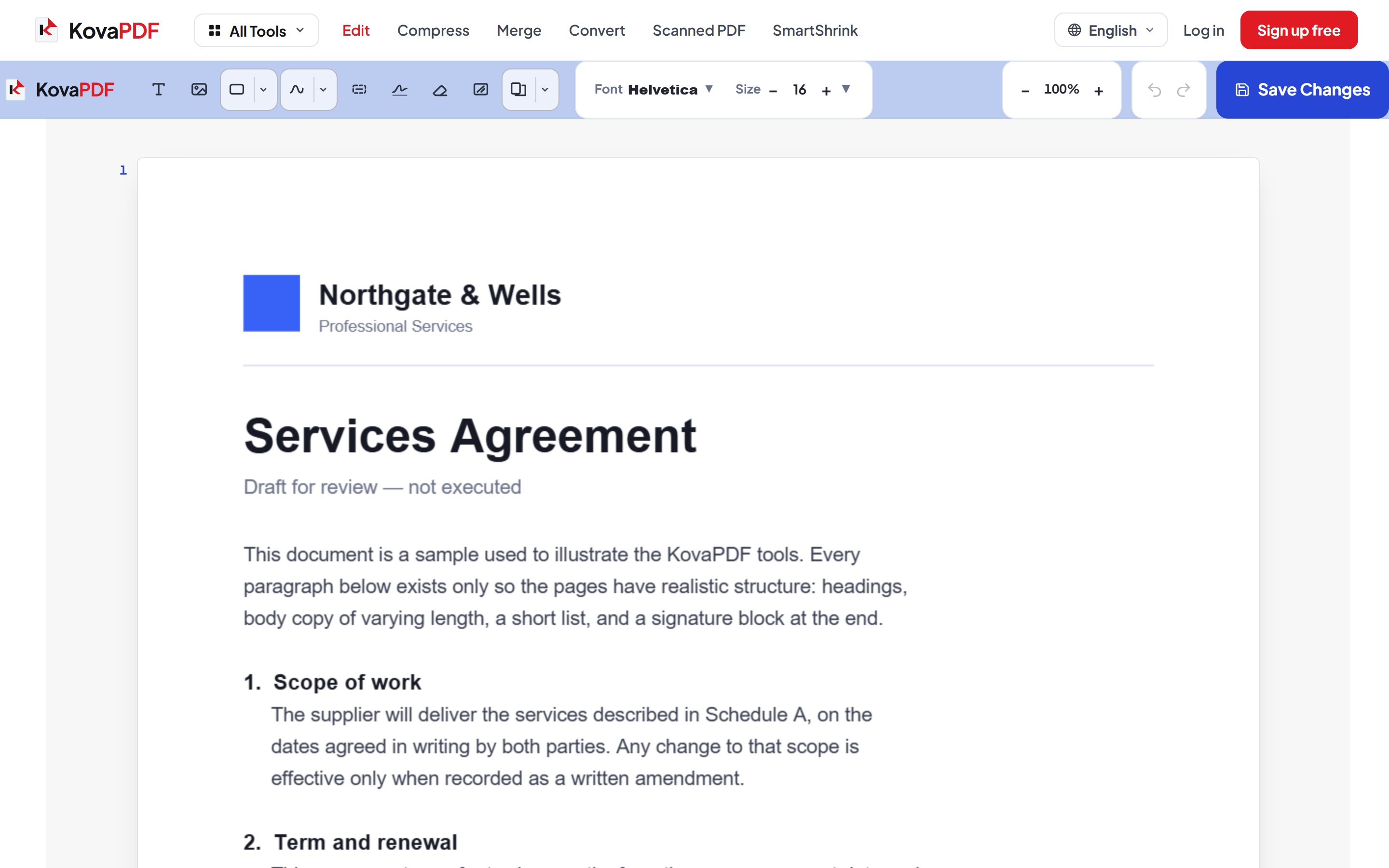 The PDF Editor with a document open, showing the tool rail, formatting bar and page thumbnails