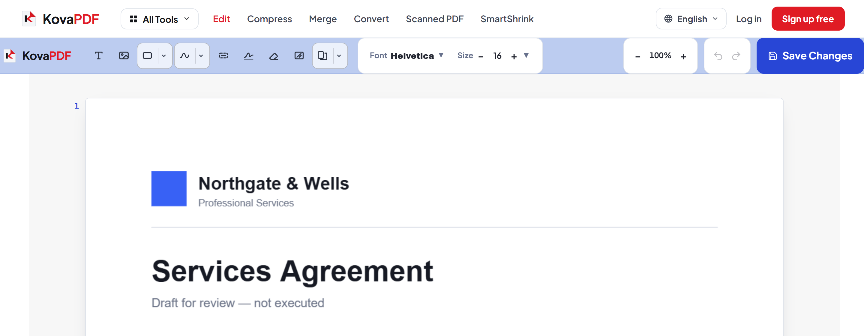The editor with font controls, zoom, undo and the Save Changes button above the open document