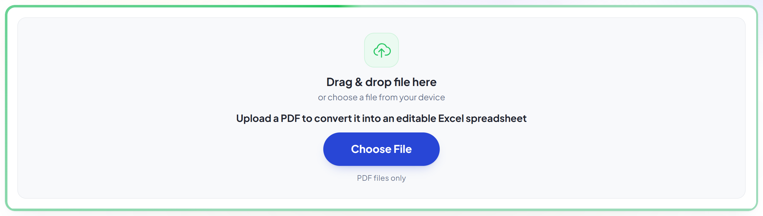 El panel de subida de PDF a Excel