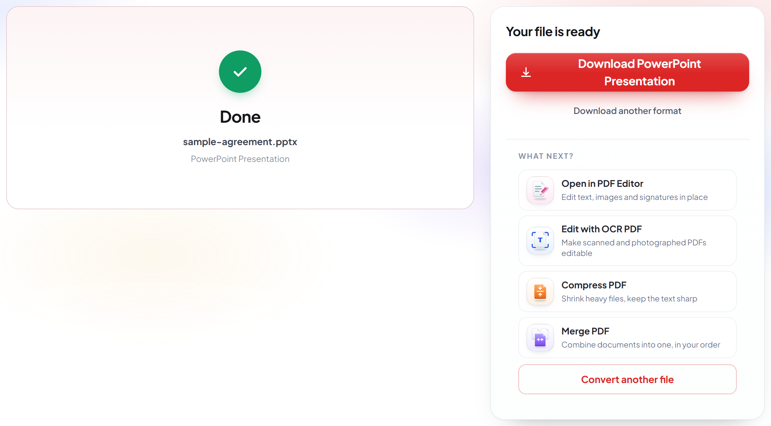 The PDF to PPT screen with the converted deck ready to download