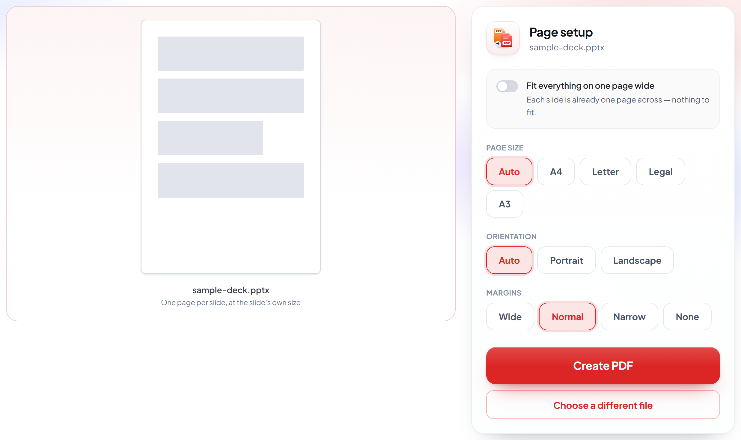 The PowerPoint to PDF page setup screen