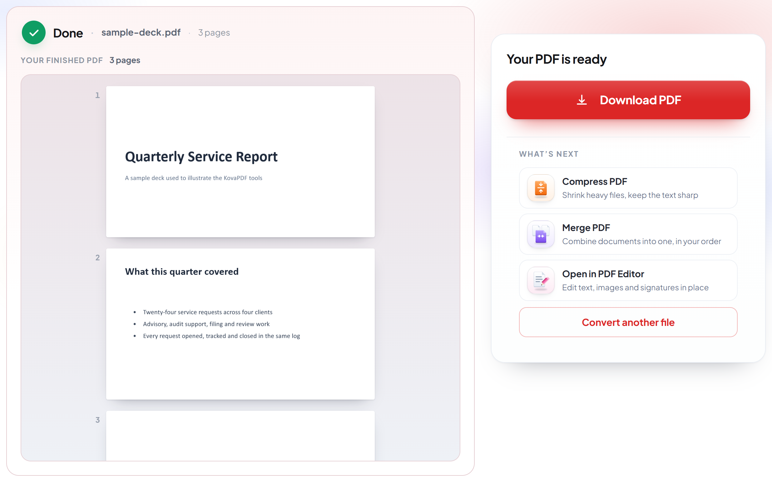 The PowerPoint to PDF result screen with the finished PDF ready to download