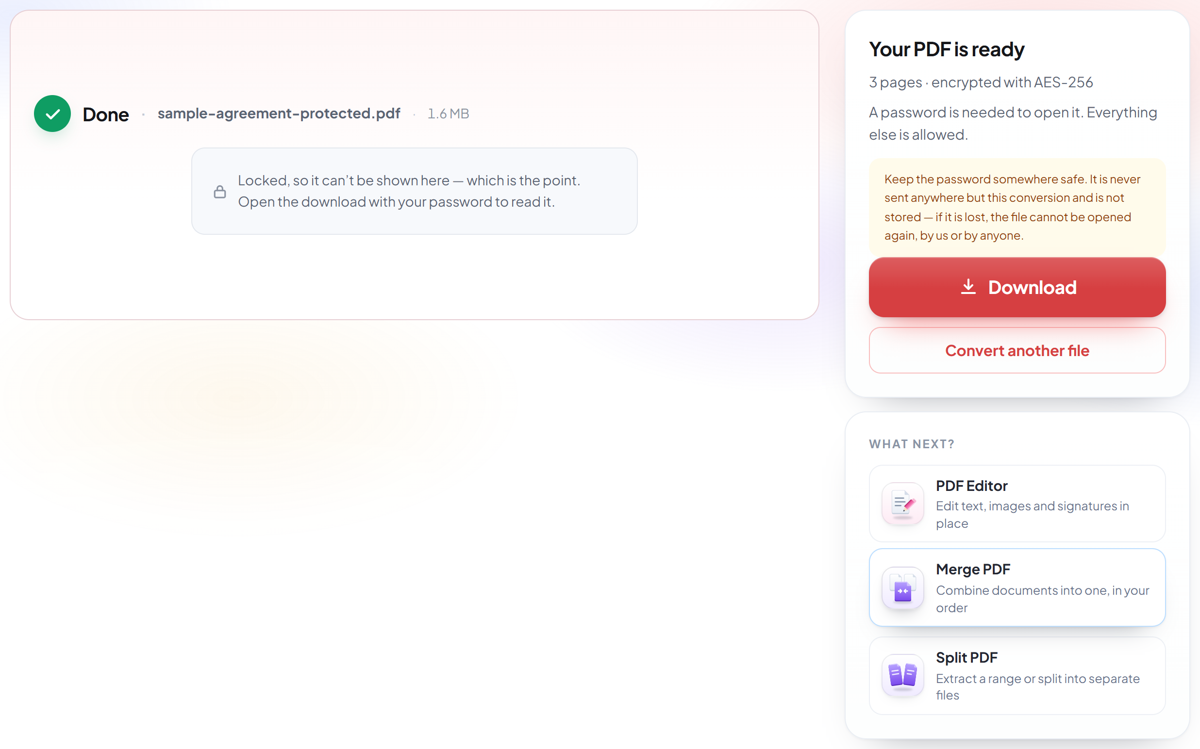 La pantalla de resultado de Proteger PDF con el PDF protegido listo para descargar