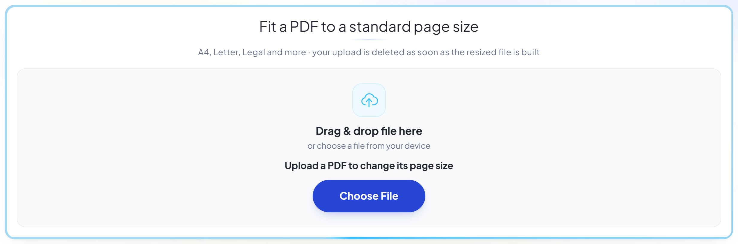 The Resize PDF upload panel