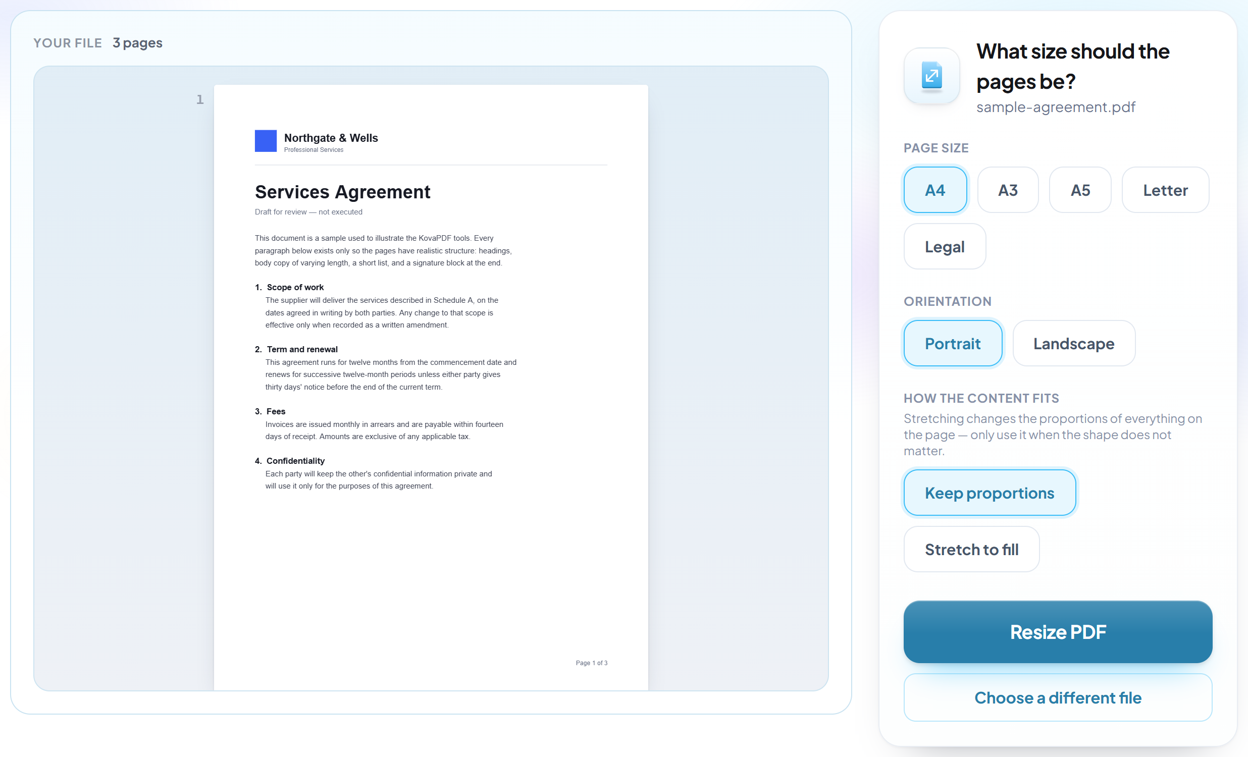 The Resize PDF screen with the page-size options