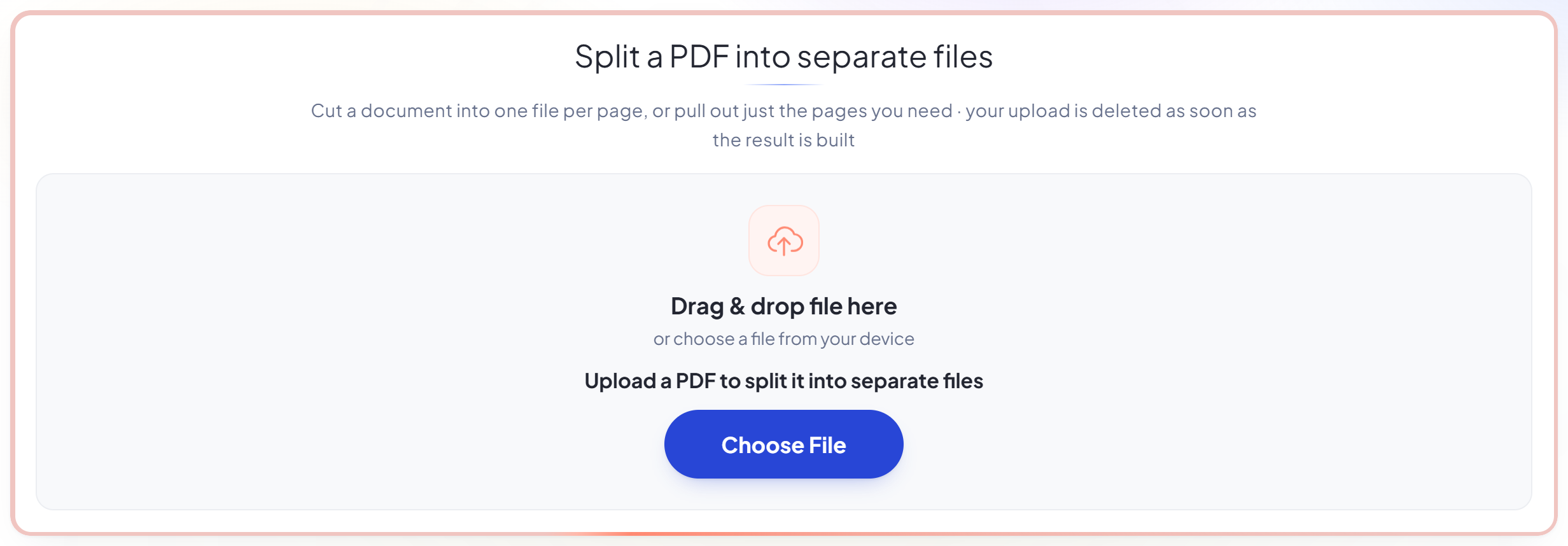 The Split PDF upload panel