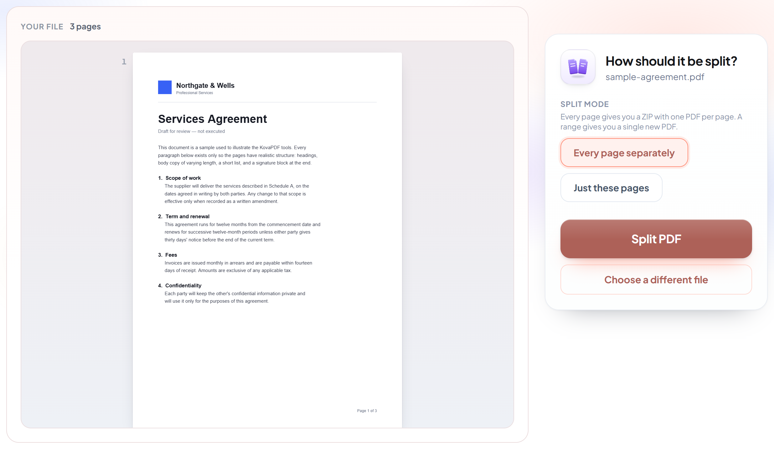 The Split PDF screen with the split mode and page-range options