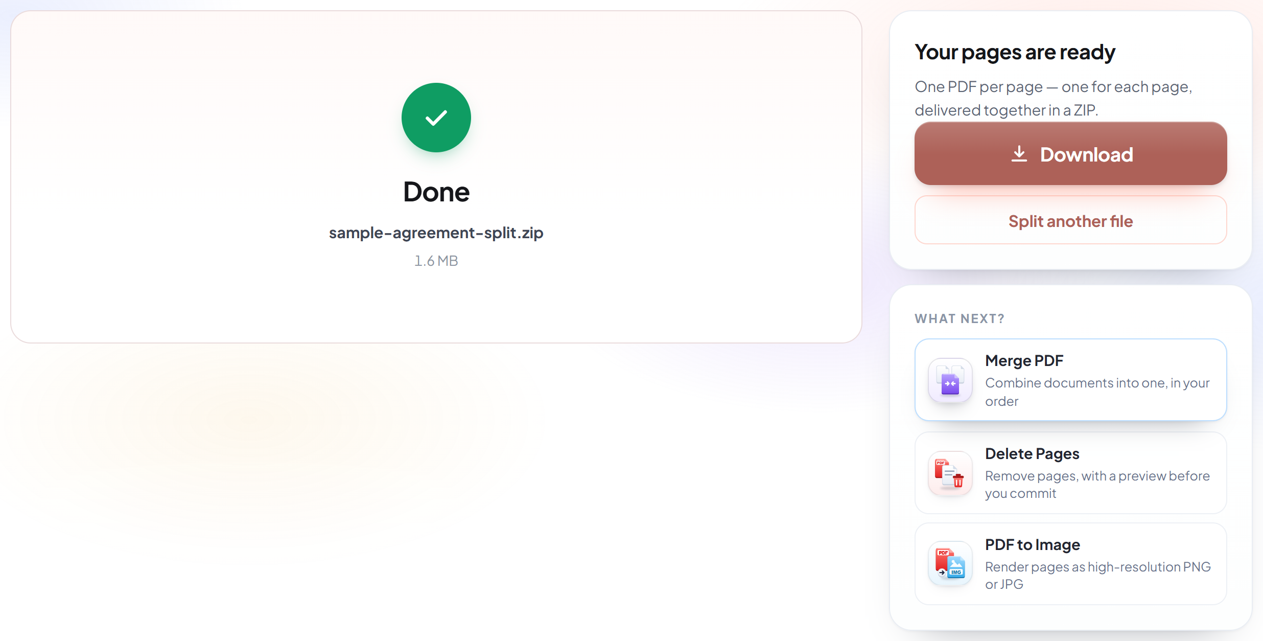 The Split PDF screen with the finished files ready to download