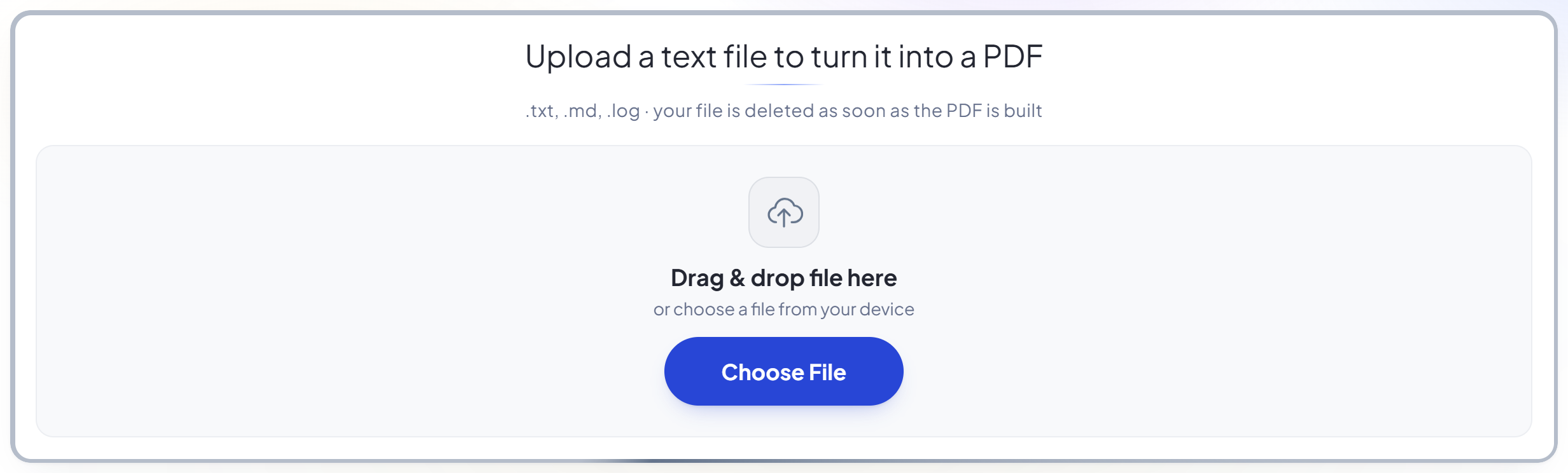 El panel de subida de TXT a PDF