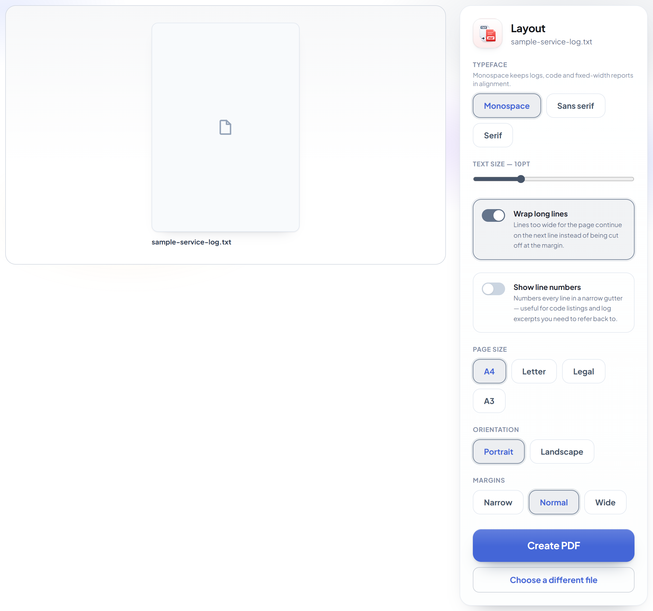 La pantalla de diseño de TXT a PDF con las opciones de tipografía, tamaño, ajuste de línea y números de línea