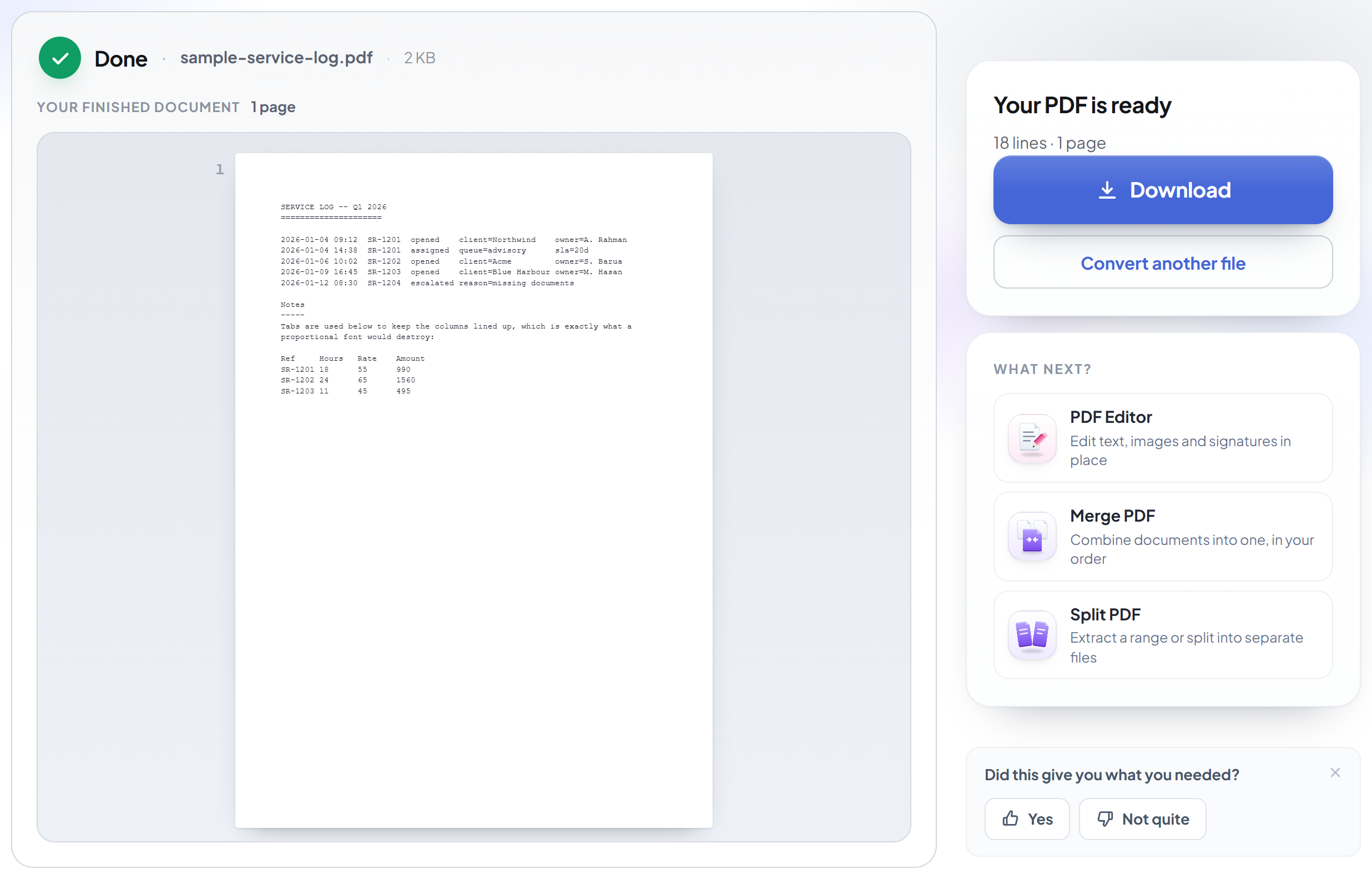 La pantalla de resultado de TXT a PDF con el PDF final listo para descargar