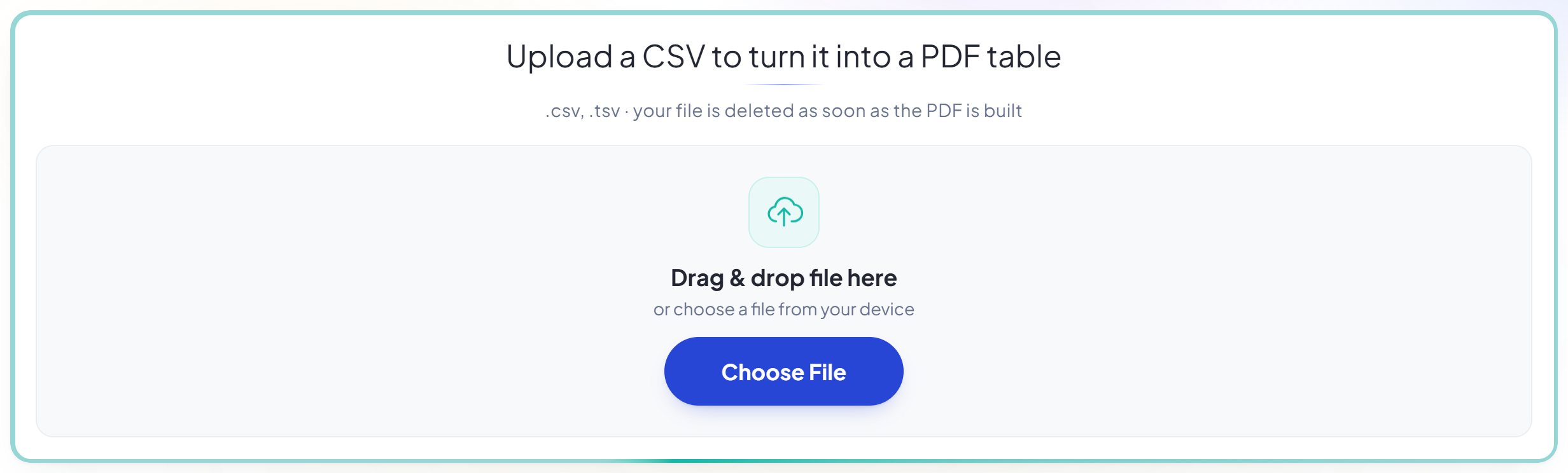 The CSV to PDF upload panel