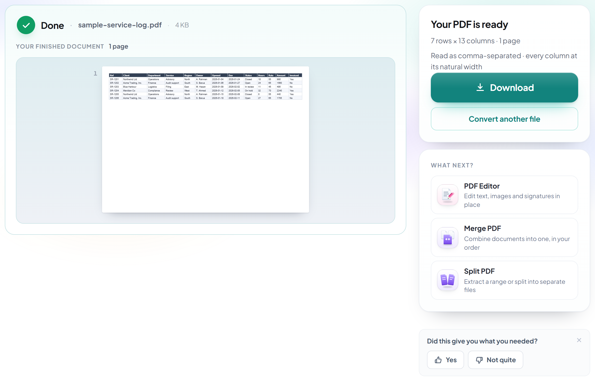 The CSV to PDF result screen with the finished PDF ready to download