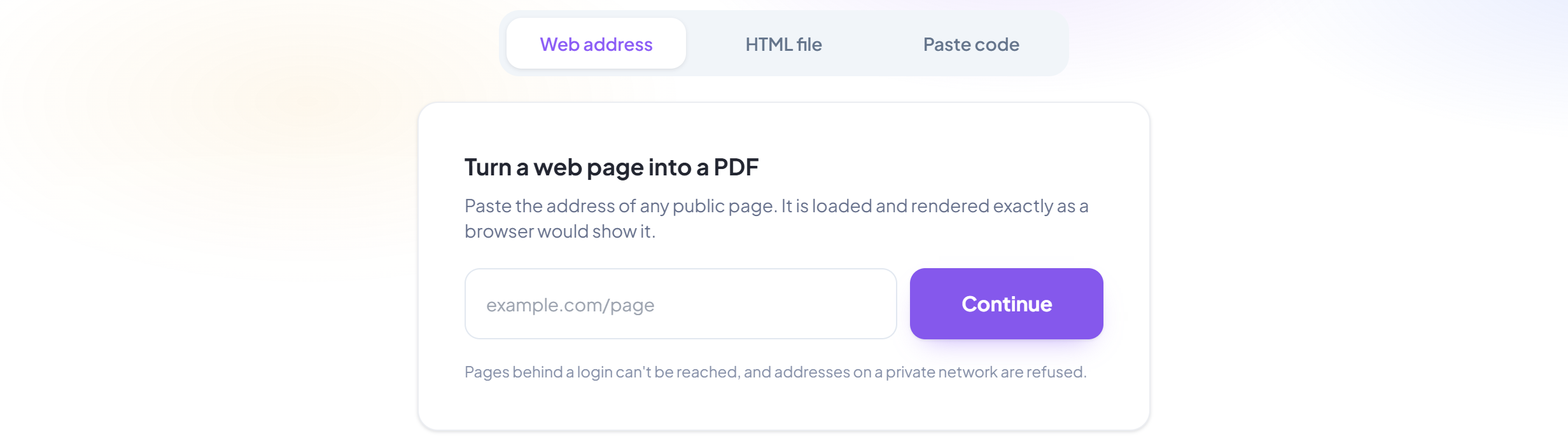 The HTML to PDF upload panel with its web address, file and paste tabs