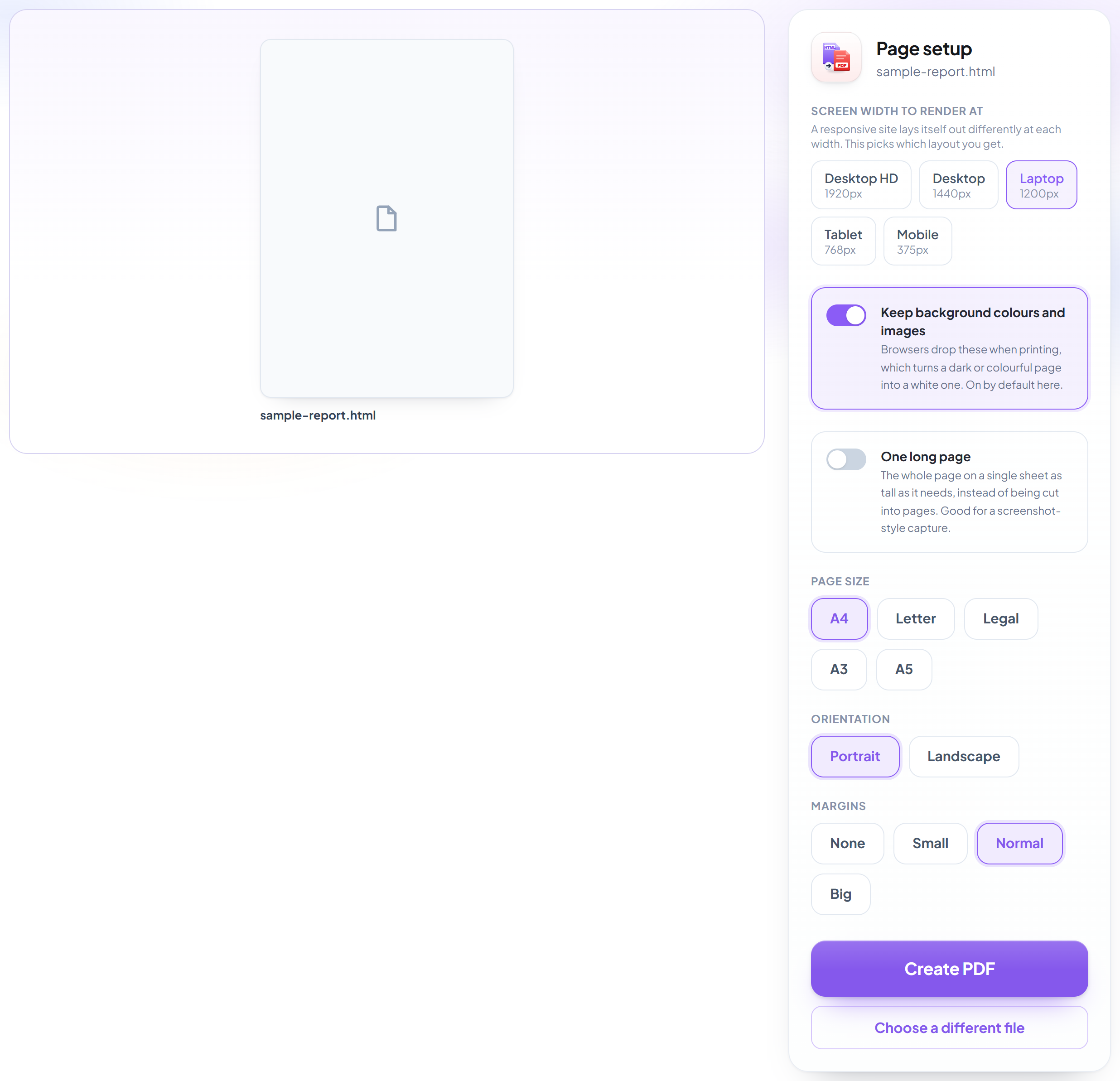 The HTML to PDF page setup screen showing the screen width choices