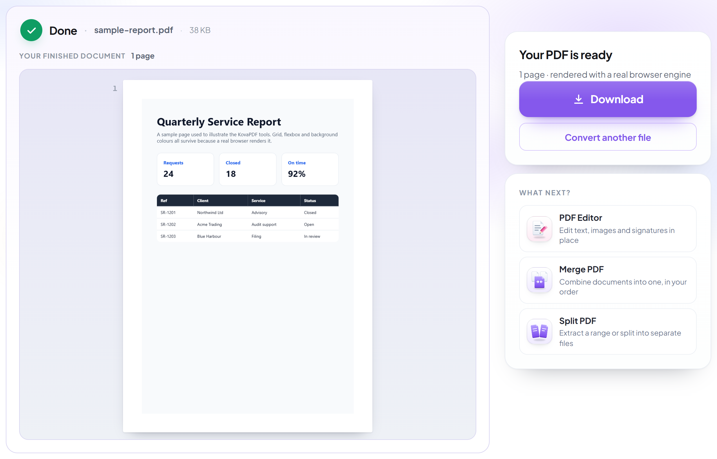The HTML to PDF result screen with the finished PDF ready to download