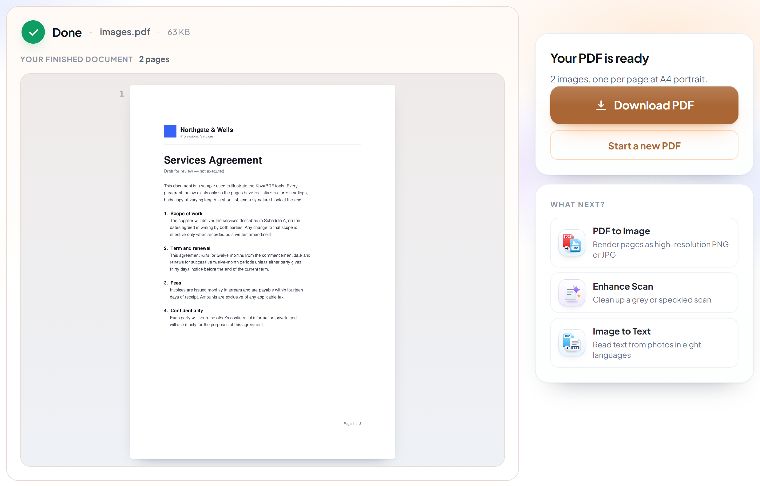 The Image to PDF screen with the finished PDF ready to download