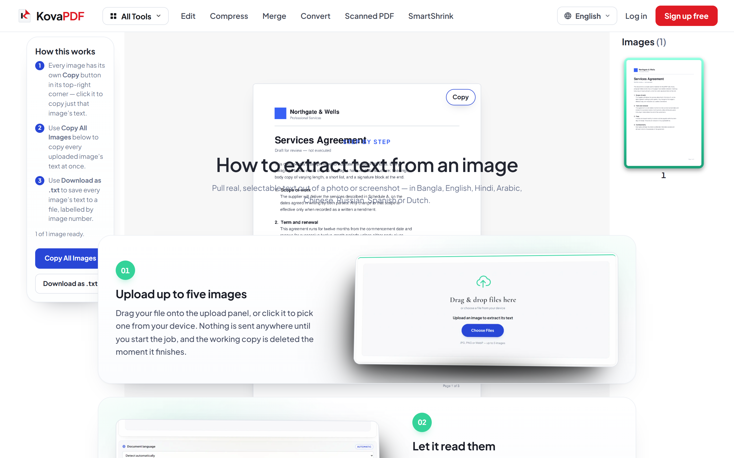The Image to Text result screen with the extracted text and copy controls