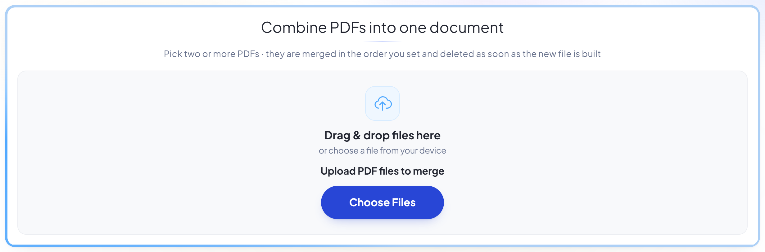 The Merge PDF upload panel