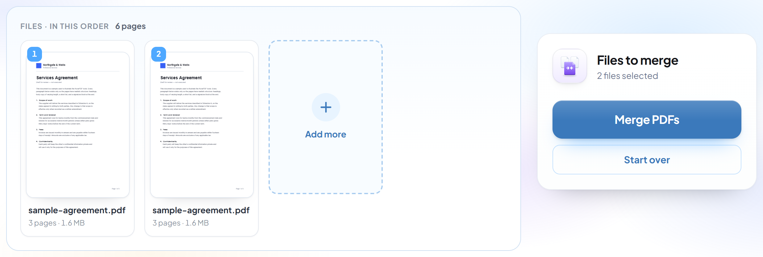 The Merge PDF screen with several files listed and ready to reorder