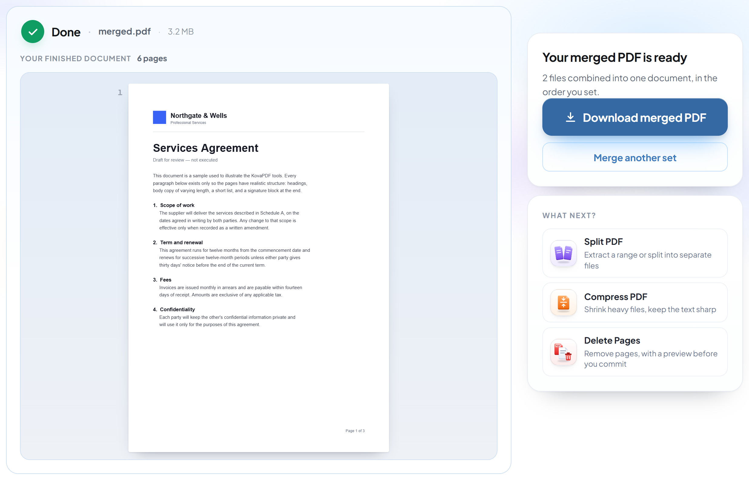 The Merge PDF screen after merging, with the finished document ready to download