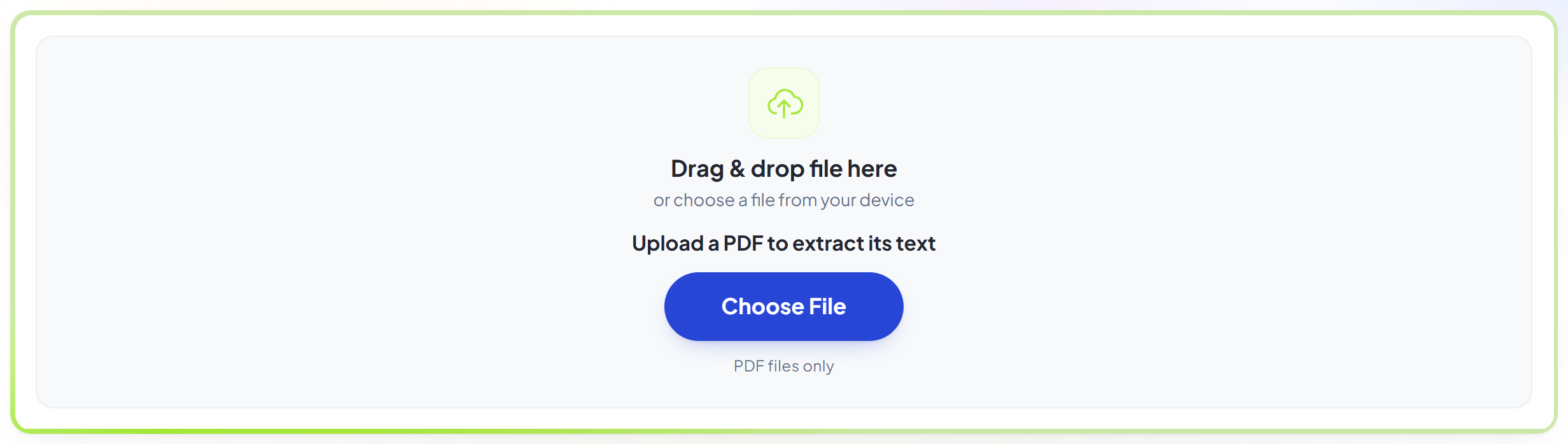 The PDF to Text upload panel with the language selector