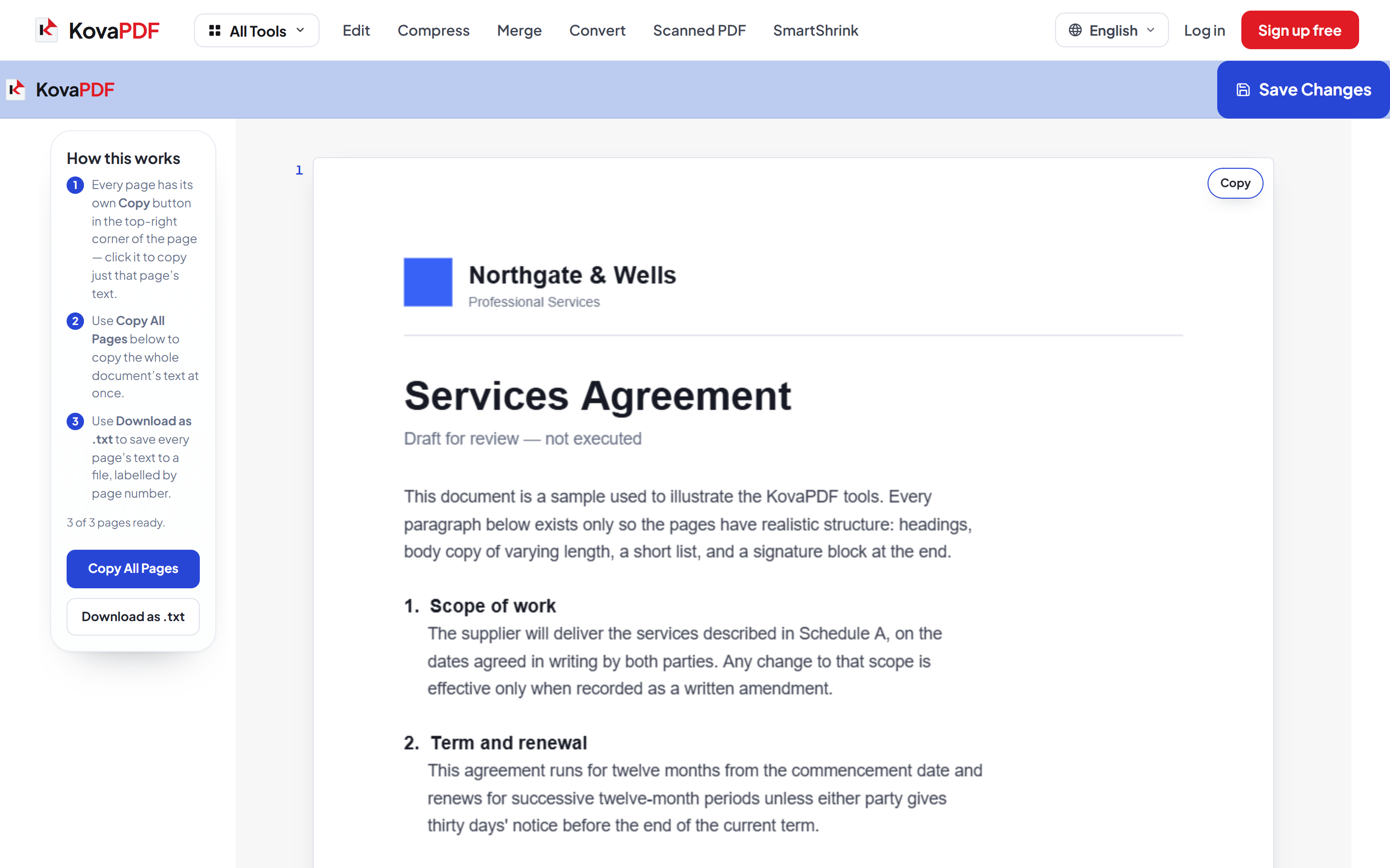 The PDF to Text screen showing a page beside its extracted text with copy controls