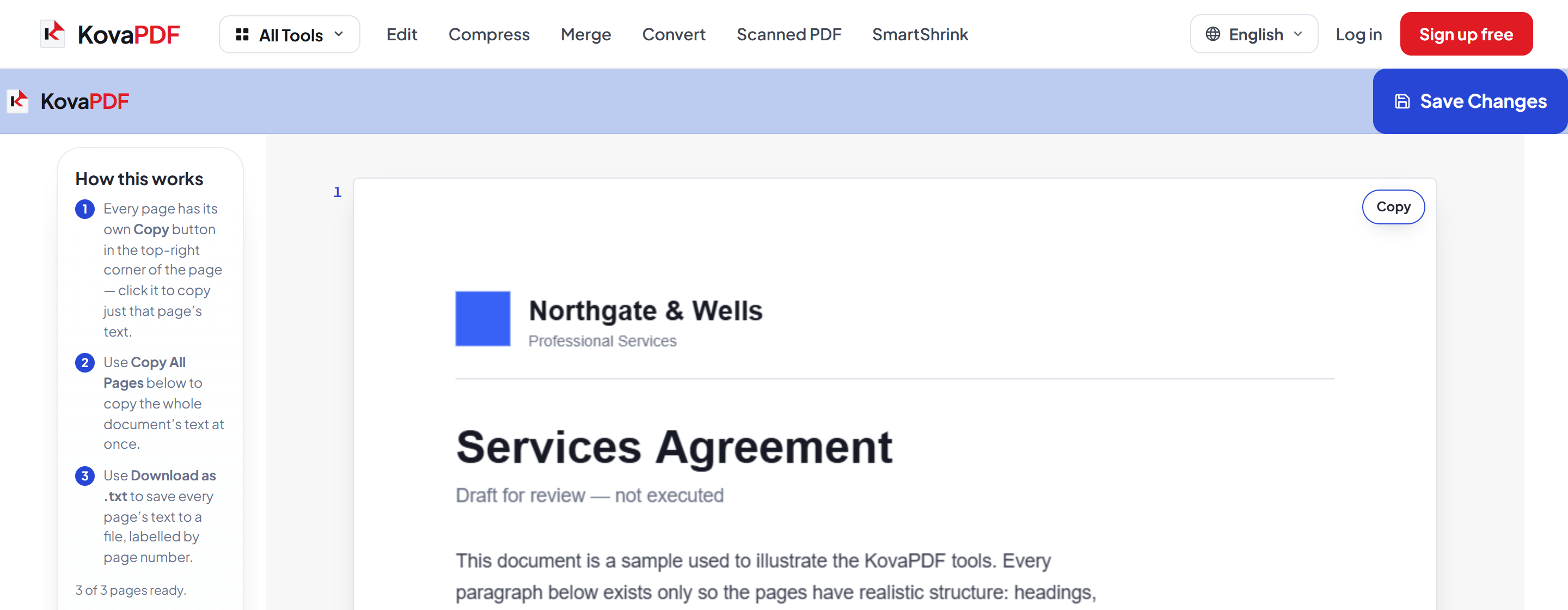The PDF to Text editor with the copy and download controls above the open document