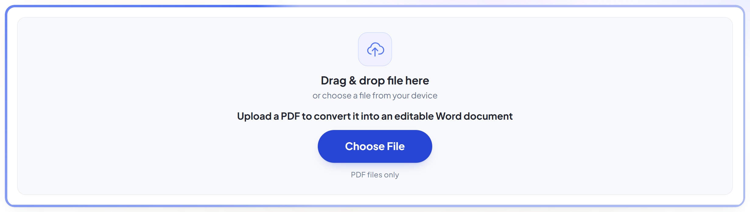 The PDF to Word upload panel